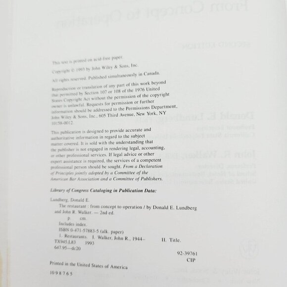 The Restaurant From Concept to Operation Textbook Lundberg Walker Hardcover - Picture 3 of 14